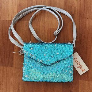 New Cat & Jack Sequin Cross Body Purse, silver back, blue/silver sequin